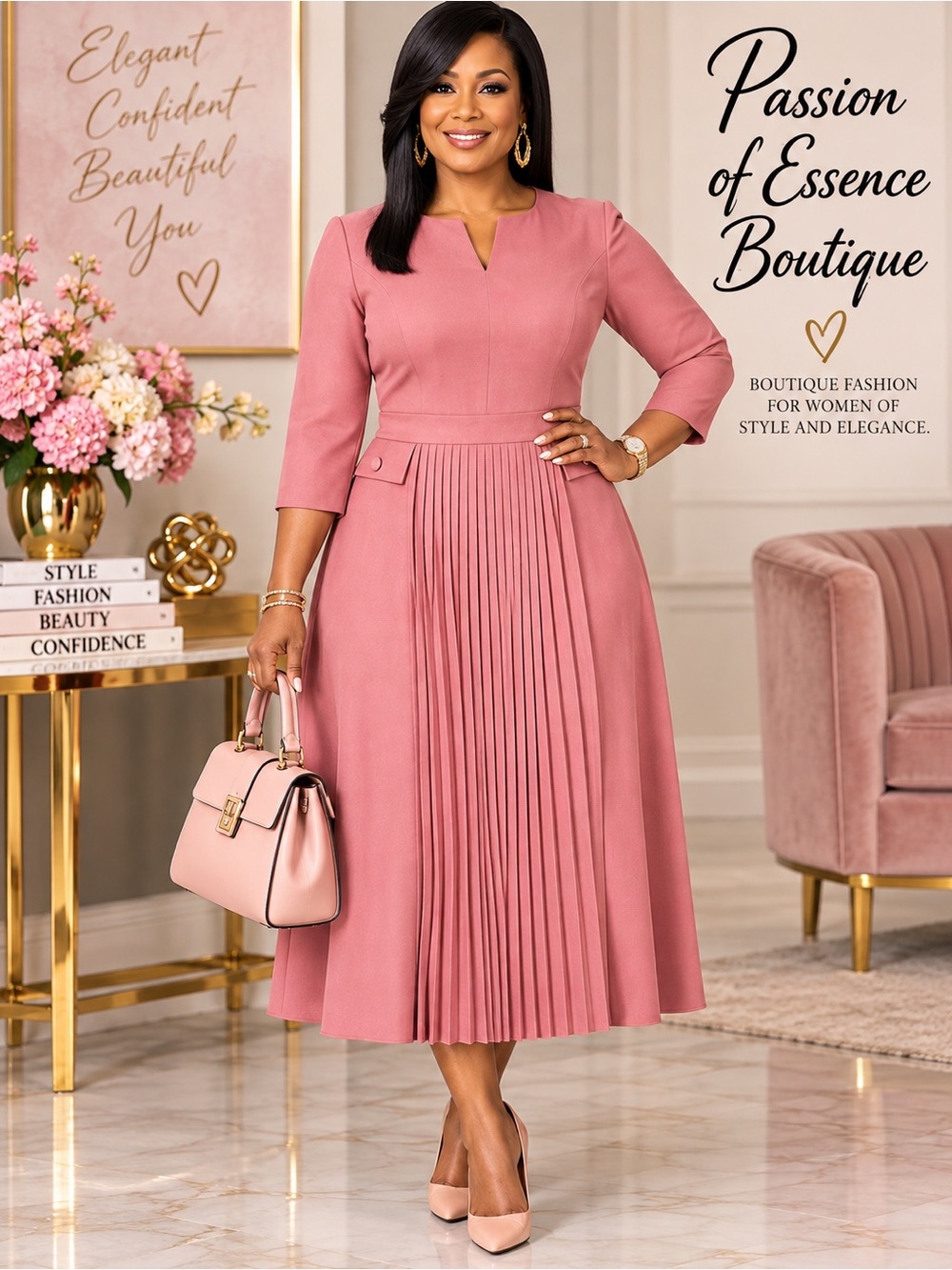 Dusty Rose Pleated Midi Dress 3/4 Sleeve Elegant Size L